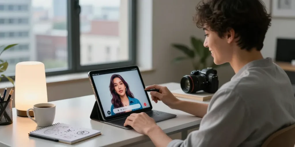Engaging with an AI girlfriend application in a stylish home office setting, showcasing vibrant personality and modern surroundings.
