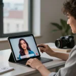 Engaging with an AI girlfriend application in a stylish home office setting, showcasing vibrant personality and modern surroundings.