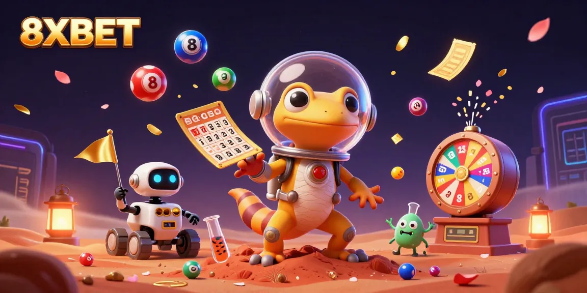 Experience the excitement of 8XBET with vibrant lottery elements and animated characters in a cosmic casino.