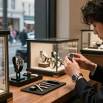 Stylish shopper examining a high-quality replica watch in a luxury retail environment.